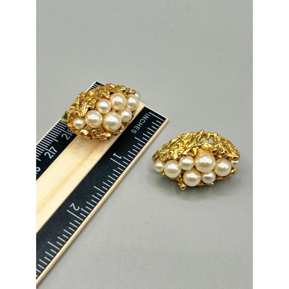 Vintage Napier Gold Tone Clip On Earrings with Faux Pearls Cluster - Picture 7 of 7